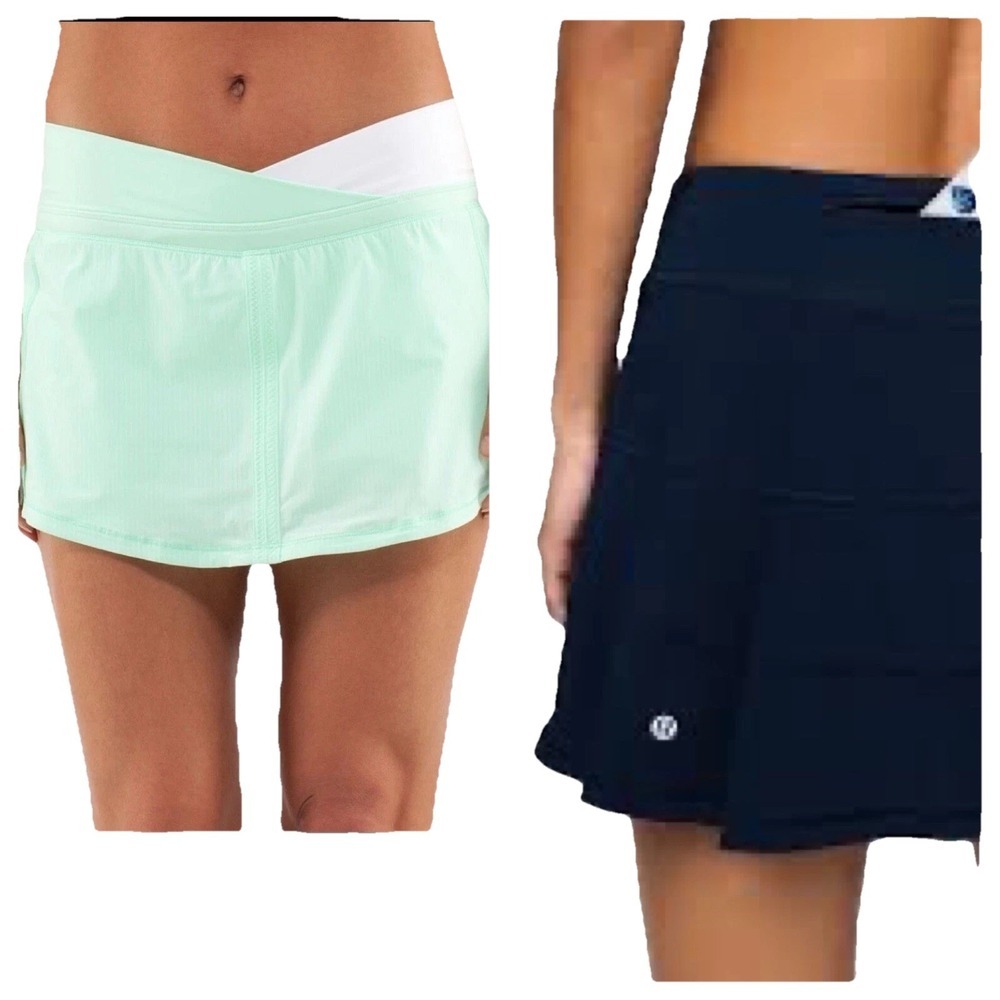 Lululemon Run Pace Skort, Wagon Stripe/Navy, Fresh Teal / White, Size 4